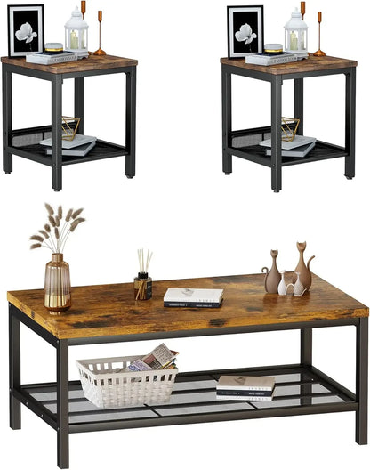 Industrial Coffee Table with 2 Square End Side Tables