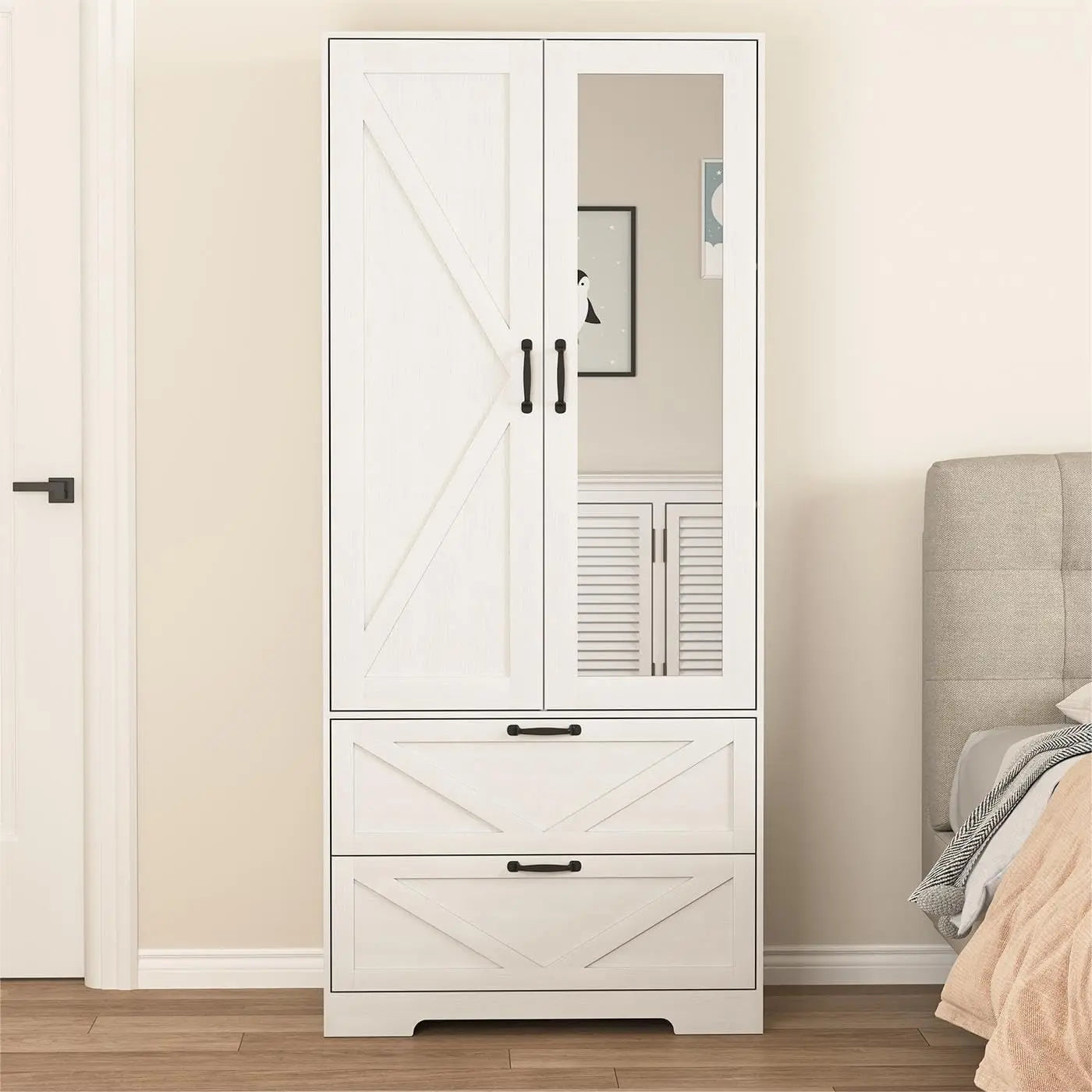 72''H Armoire Wardrobe Cabinet with Mirror and 2 Drawers,  Hanging Rod and Light