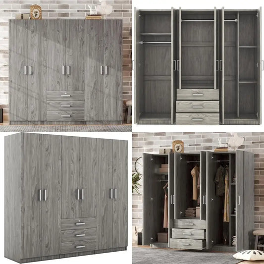 "Spacious 6-Door Armoire Wardrobe with Ample Drawers, Hanging Space and Shelves for Bedroom Storage"