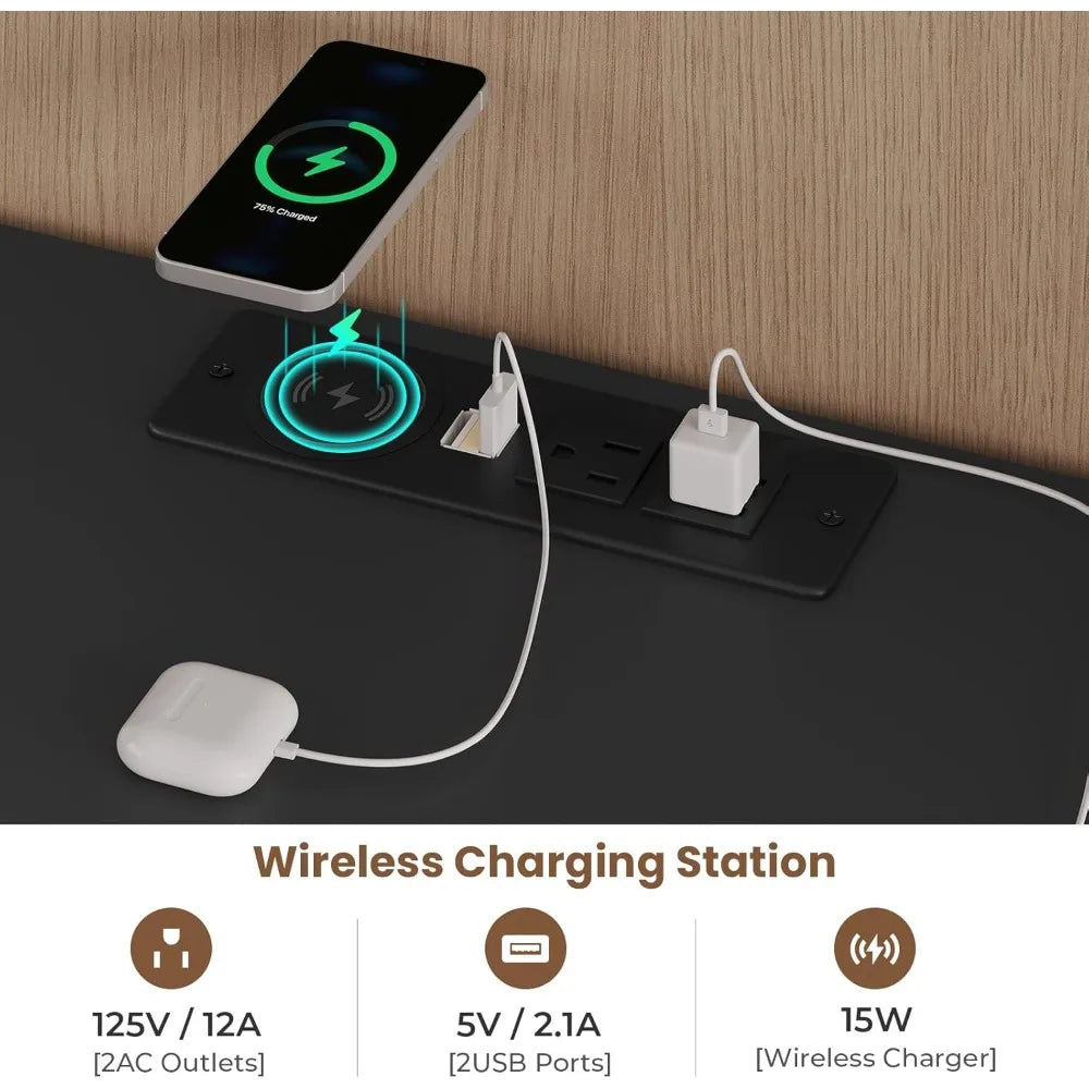 Set of 2 Night Stand with Wireless Charging Station and LED Lights with Pull-Out Shelves