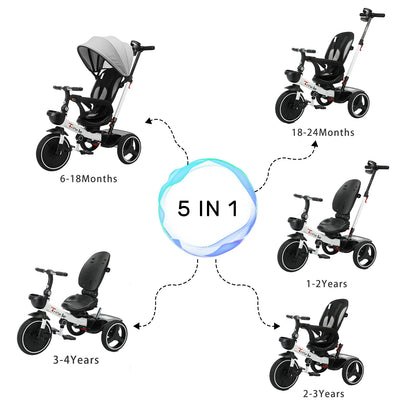 Stroller Tricycle Ride Bike , 5-in-1, Adjustable Canopy, Sitting & Lying, Assembly,1-5 Years