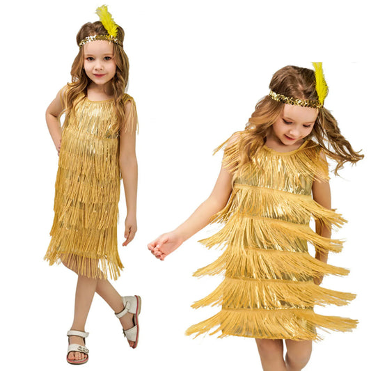 Girls Flapper Dress, Carnival, Sequins, Fringe, With Feather