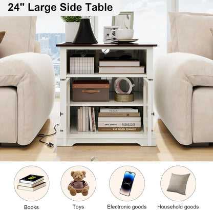 24" Farmhouse Style Side Table with Adjustable Storage Shelves and charging station