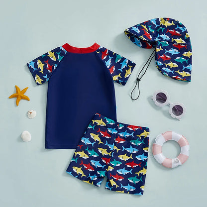 3Pcs, 0MO-4Y Boy Swimsuit Set, Shark Print Short Sleeve, Rash Guard Swim Top, Short, Sun Hat,