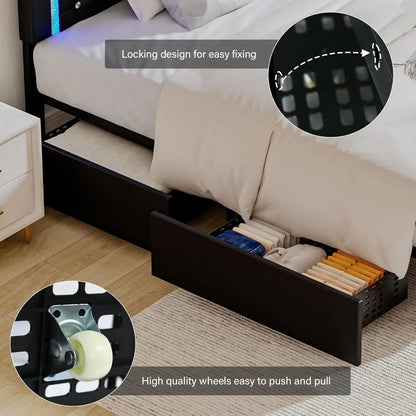 Faux Leather Upholstered Bed Frame with Diamond Headboard, LED Lights and Storage Drawers,