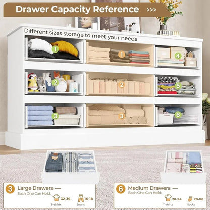 61.4" Wide White Bedroom Dresser with 9 Drawers, Large Capacity Storage