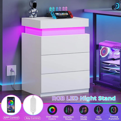 Side stand with Charging Station and LED Lights, Sliding Top, Drawers