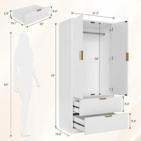 70" Wardrobe Closet with 2 Doors and 2 Drawers, with Hanging Rod