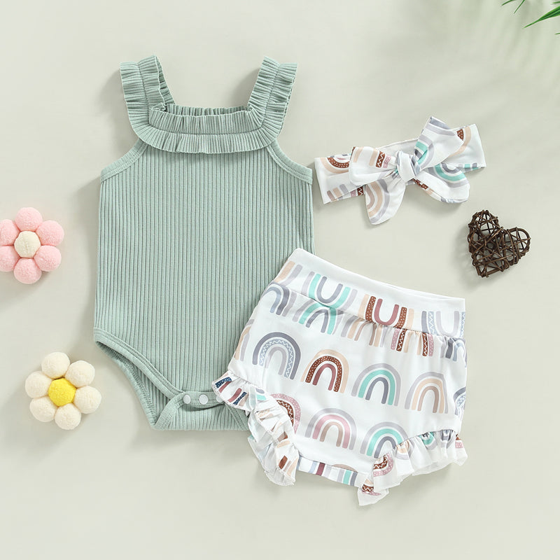 3-18M Baby Girls Shorts Set, Sleeveless Romper, Flower/Rainbow/Print Shorts, Hairband