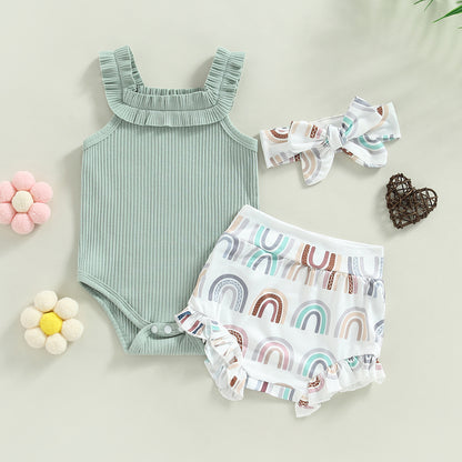 3-18M Baby Girls Shorts Set, Sleeveless Romper, Flower/Rainbow/Print Shorts, Hairband