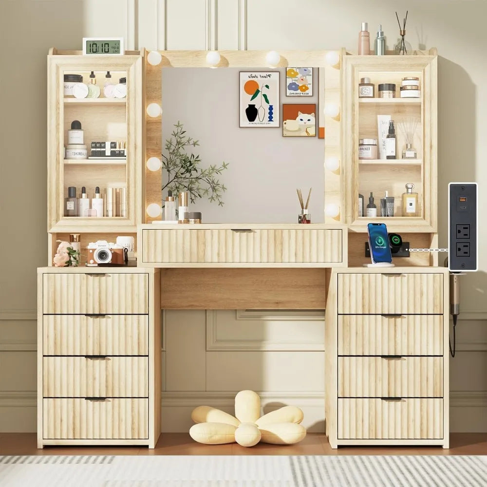 55" Vanity with Large Mirror and Lights, Modern Glass Top with 9 Drawers & Open Storage