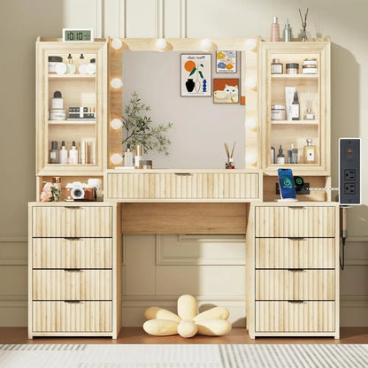 55" Vanity with Large Mirror and Lights, Modern Glass Top with 9 Drawers & Open Storage
