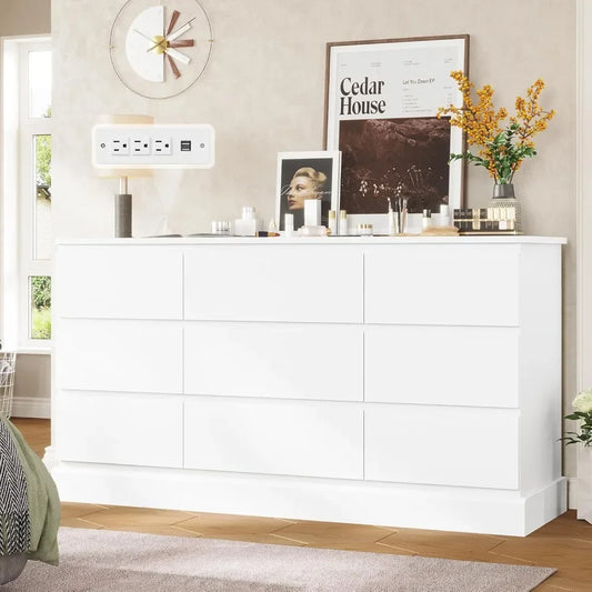 61.4" Wide White Bedroom Dresser with 9 Drawers, Large Capacity Storage
