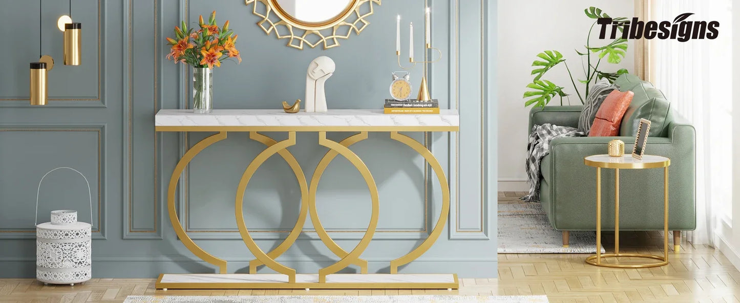 55 inch Gold Console Faux Marble Entryway Table