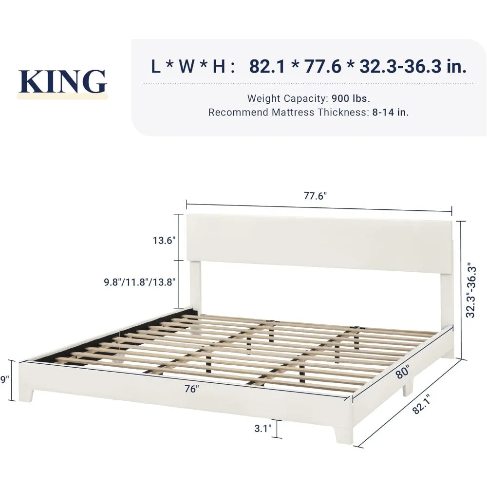 Full/Queen/king Size Bed Frame Adjustable Headboard, Faux Leather Platform Bed, Easy Assembly