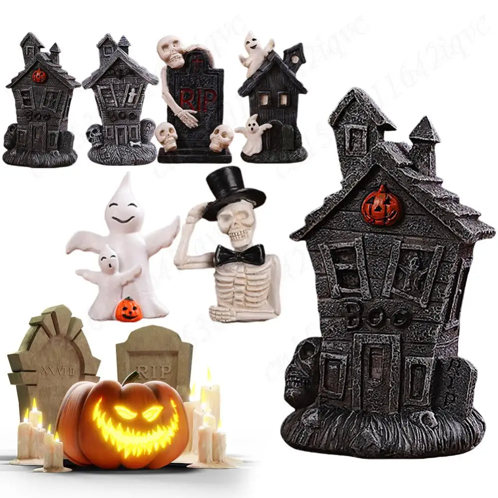 Halloween Miniature Resin Statue Figurines, Pumpkin haunted house and skeleton tombstone