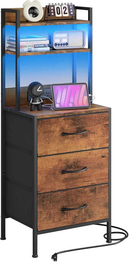 LED side table with U-S-B ports and sockets for charging piles, 3 drawers