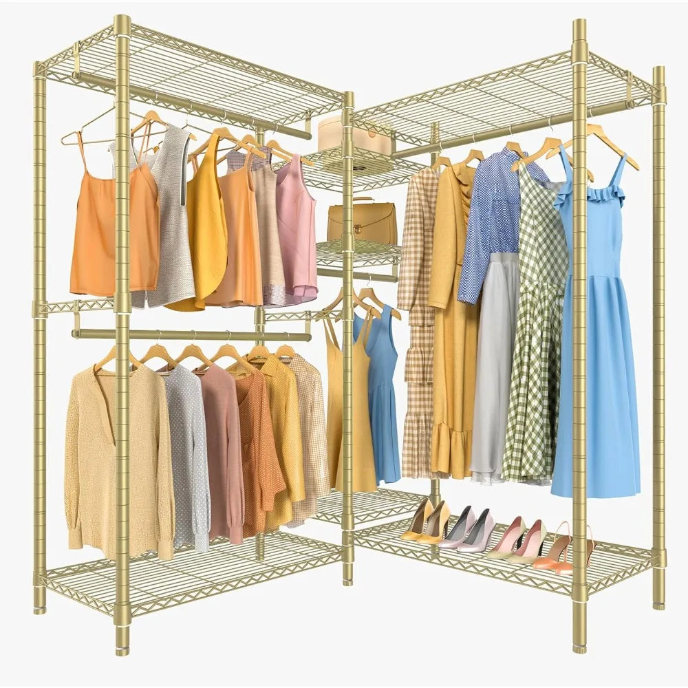 L Shaped Clothes Rack Heavy Duty Clothing Rack for Corner, 5-Tier Wire Garment Racks