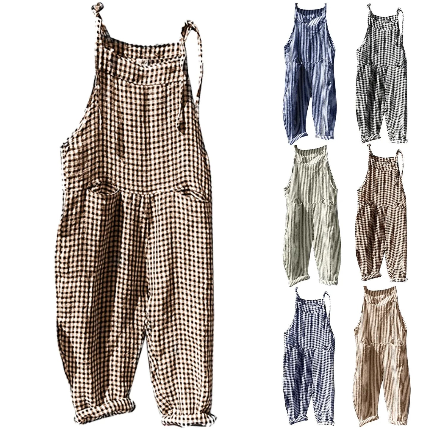 Casual Striped Overalls, Loose Fit, Suspenders, Wide Leg Pants With Pockets