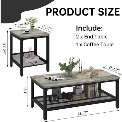 Industrial Coffee Table with 2 Square End Side Tables
