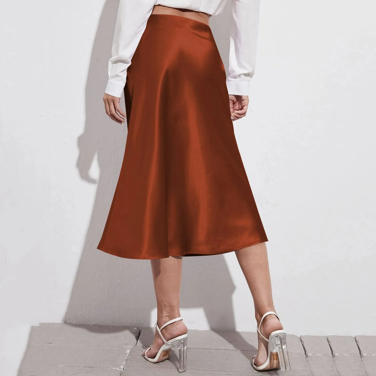 Womens Elegant Satin Skirt, High Waist, Midi Length, Satin Silk, Solid Color Office Work Skirts