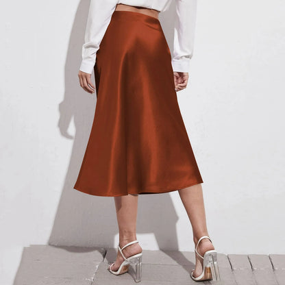 Womens Elegant Satin Skirt, High Waist, Midi Length, Satin Silk, Solid Color Office Work Skirts