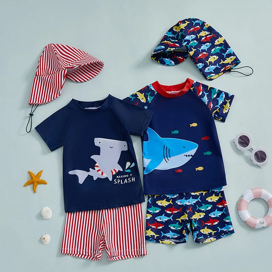 3Pcs, 0MO-4Y Boy Swimsuit Set, Shark Print Short Sleeve, Rash Guard Swim Top, Short, Sun Hat,