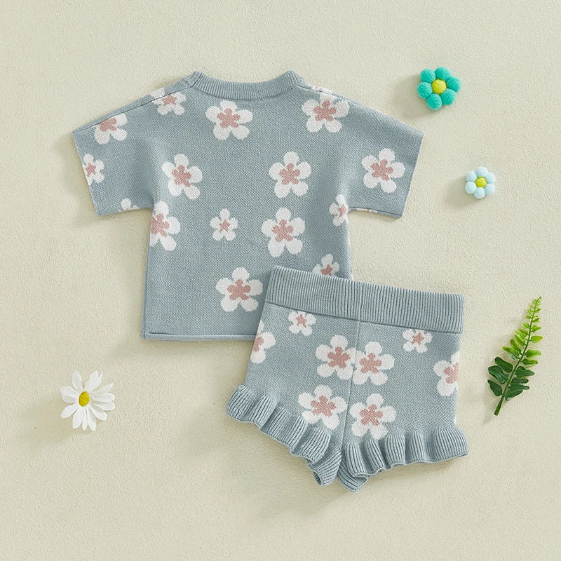 Infant/Toddler Baby Girl Clothes Set, Short Sleeve Floral Print Knit Tops+Shorts