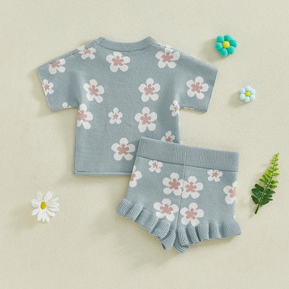 Infant/Toddler Baby Girl Clothes Set, Short Sleeve Floral Print Knit Tops+Shorts