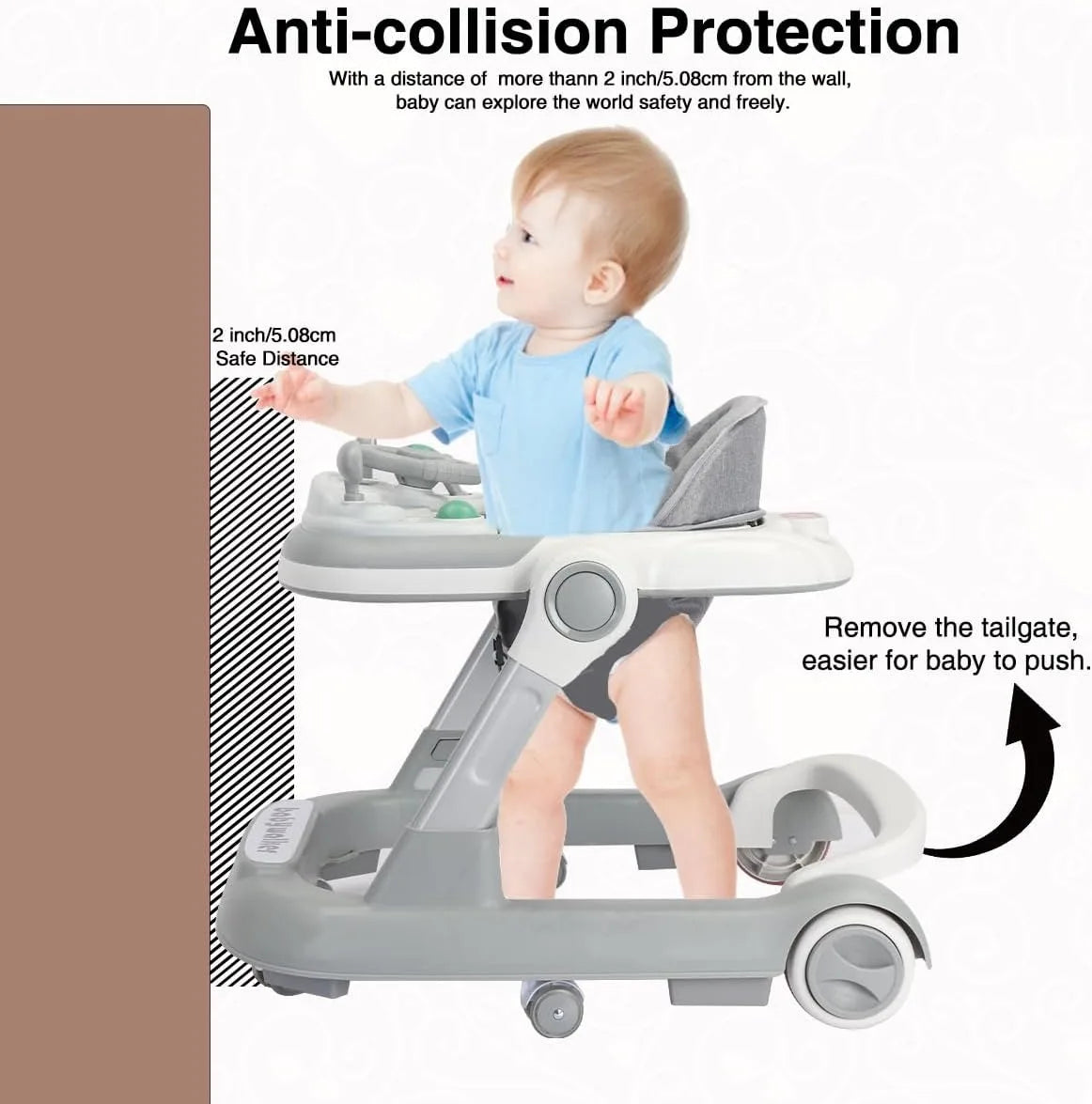 Toddler Baby Push Walker with Removable Feeding Tray and Music Tray(Without Battery), Foldable Walker