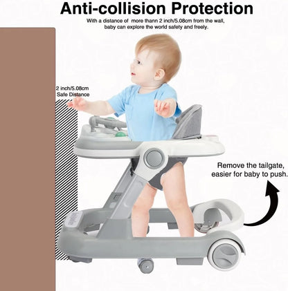 Toddler Baby Push Walker with Removable Feeding Tray and Music Tray(Without Battery), Foldable Walker