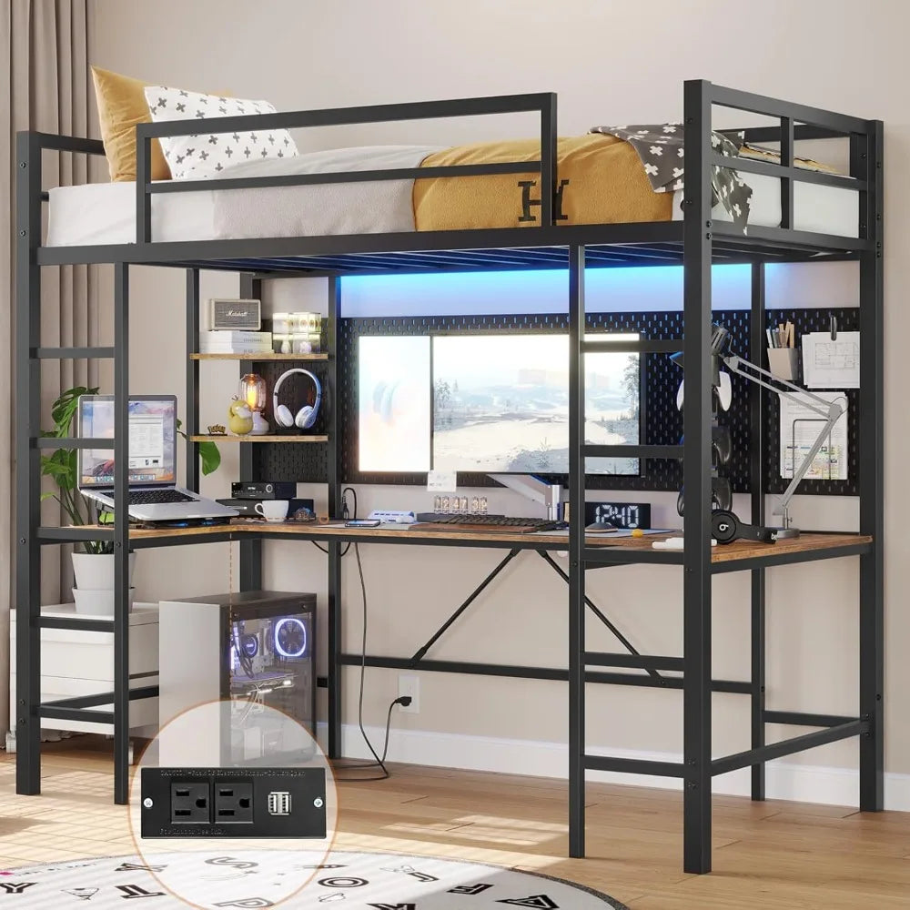 Twin Size Loft Bed with U Shaped Desk and Led Lights, Charging Station and Storage Shelves