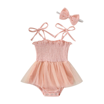 0-18M 2Pcs Summer Newborn Infant Girls, Ruffles Lace-Up Pleated Mesh Loose Romper+Hairband