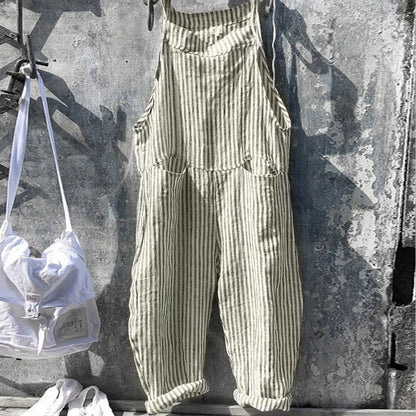 Casual Striped Overalls, Loose Fit, Suspenders, Wide Leg Pants With Pockets