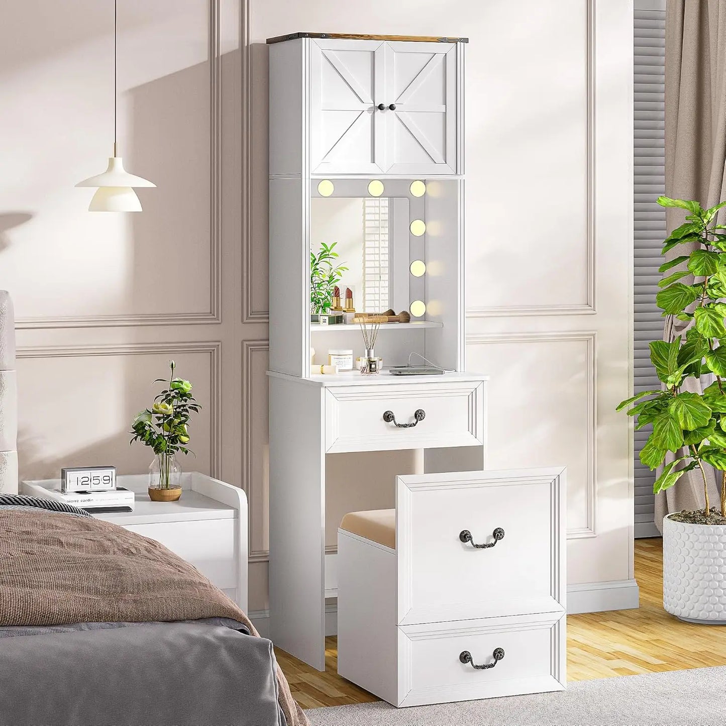 Compact Vanity with Mirror and Lights w/Storage Drawers & Shelves