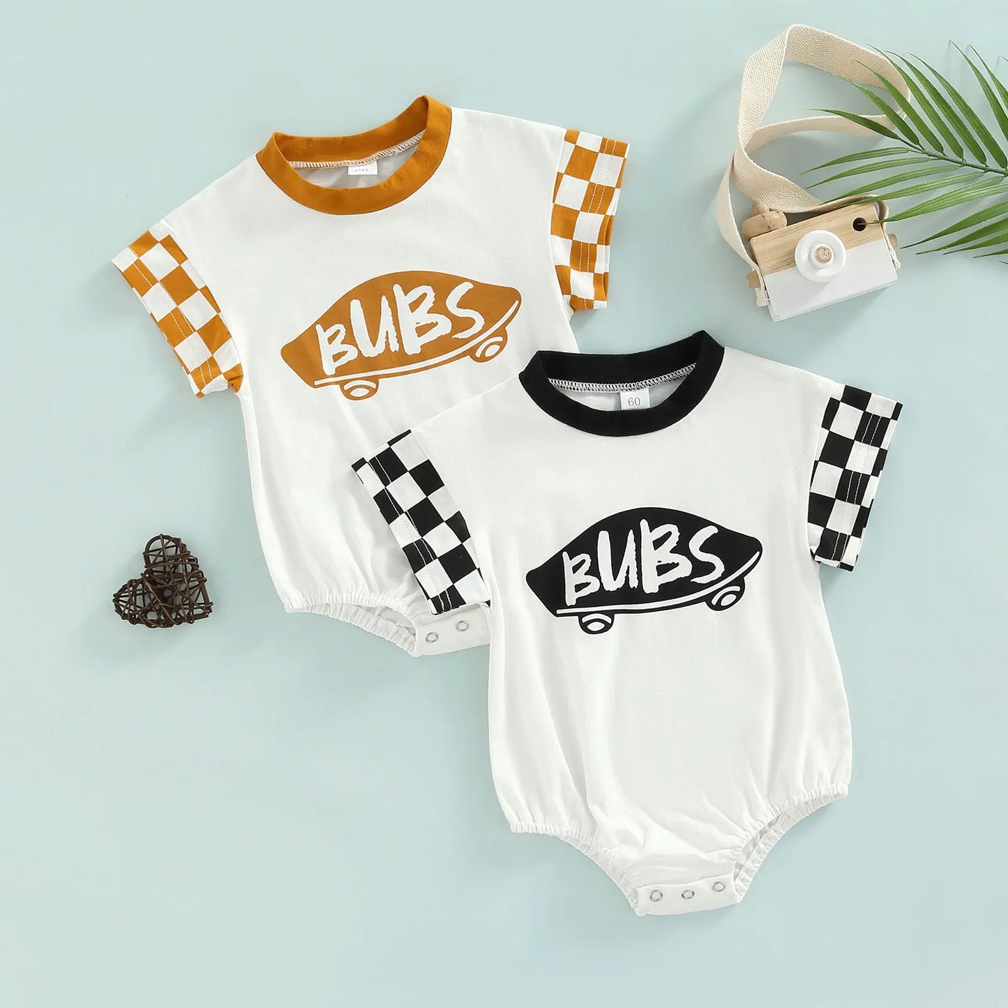 6-18M Infant Boy Romper, Plaid Short Sleeve Round Neck Cartoon Pattern Letter Print