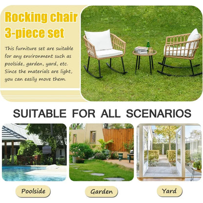 Indoor/Outdoor All Weather Woven Rope Table Set, Tan Wicker Rocker Set With White Cushions