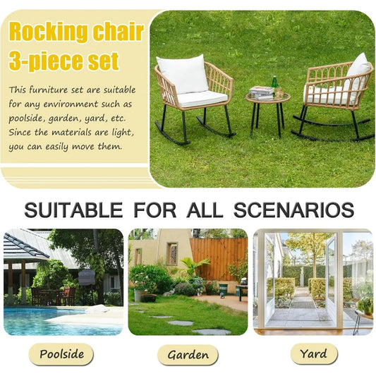 Indoor/Outdoor All Weather Woven Rope Table Set, Tan Wicker Rocker Set With White Cushions