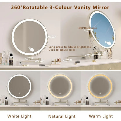 Vanity Desk Set with 360° Rotating Mirror and Lights, with Microfiber Leather, with 2 Drawers,