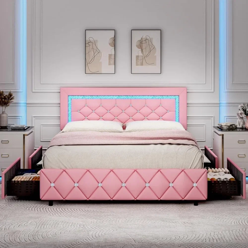 Platform Bed with Diamond Headboard and Footboard with LED, Storage Drawers