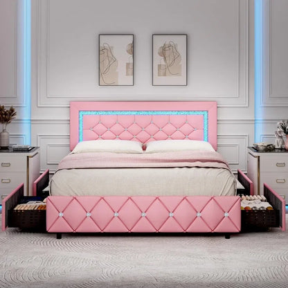 Platform Bed with Diamond Headboard and Footboard with LED, Storage Drawers