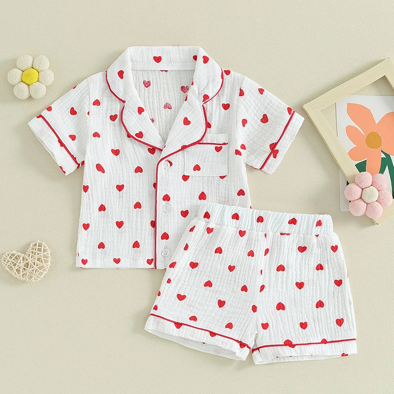 6MO-4T Girl Valentine‘s Day Heart Button Down Short Sleeve Sleepwear Loungewear Pjs Set