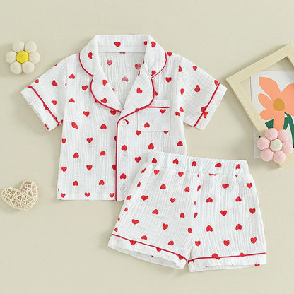 6MO-4T Girl Valentine‘s Day Heart Button Down Short Sleeve Sleepwear Loungewear Pjs Set