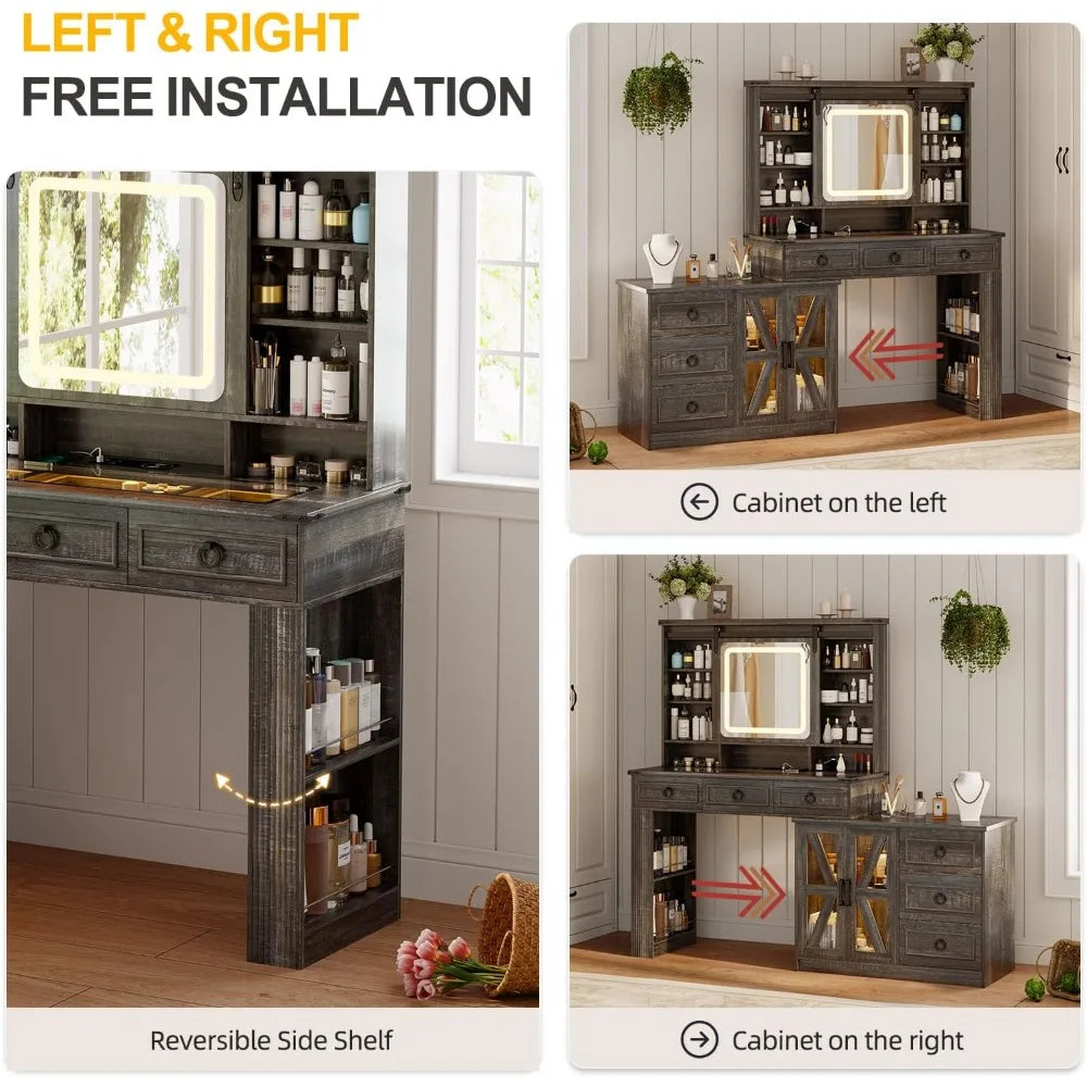 Vanity Desk with Sliding Mirror and Lights with Jewelry Storage