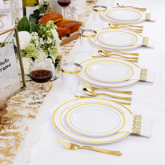 700 Pcs Gold Plastic Plates for 100 Guests  Includes 200 Gold Plastic Plates,300 Silverware,100 Napkins,100 Cups