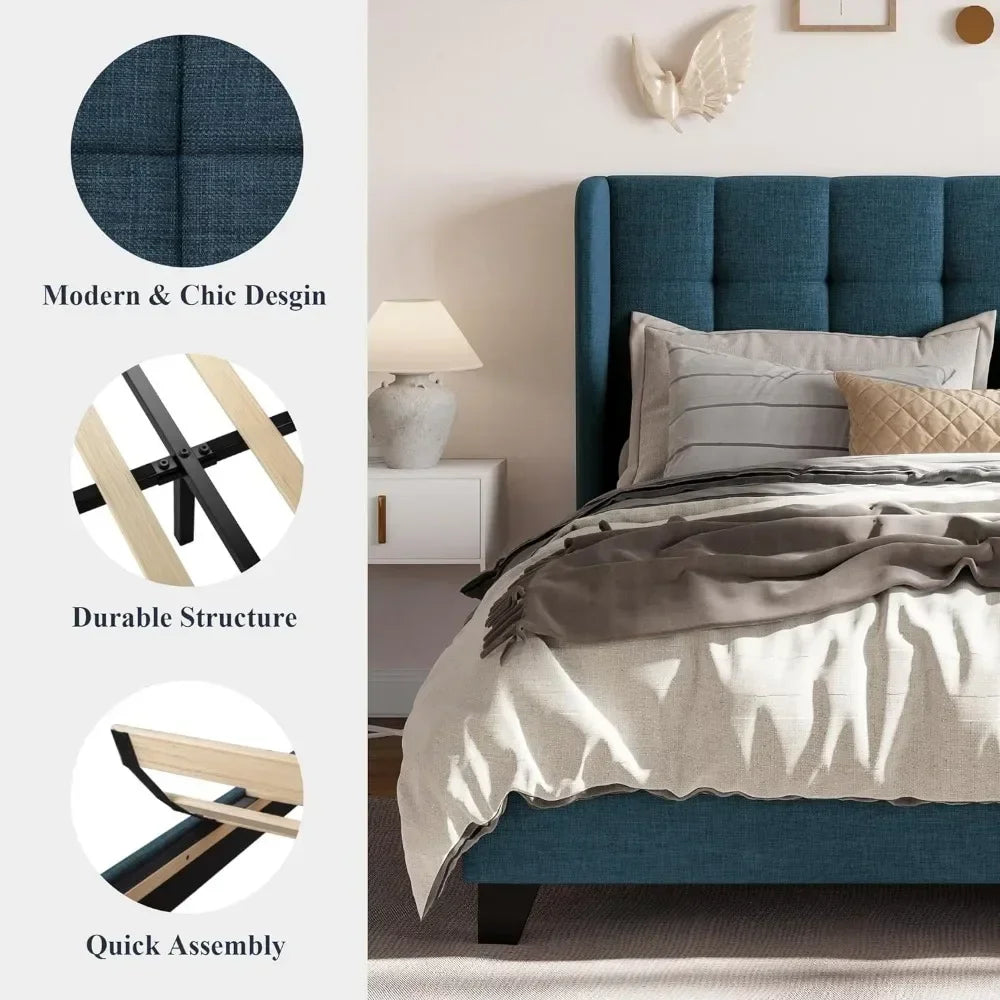 Fabric Upholstered Square Stitched Headboard and Wooden Slats