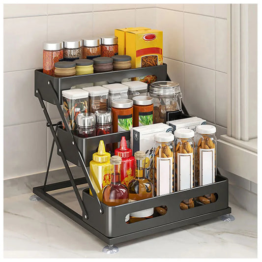3-Layer Carbon Steel Kitchen Spice Rack Adjustable Height