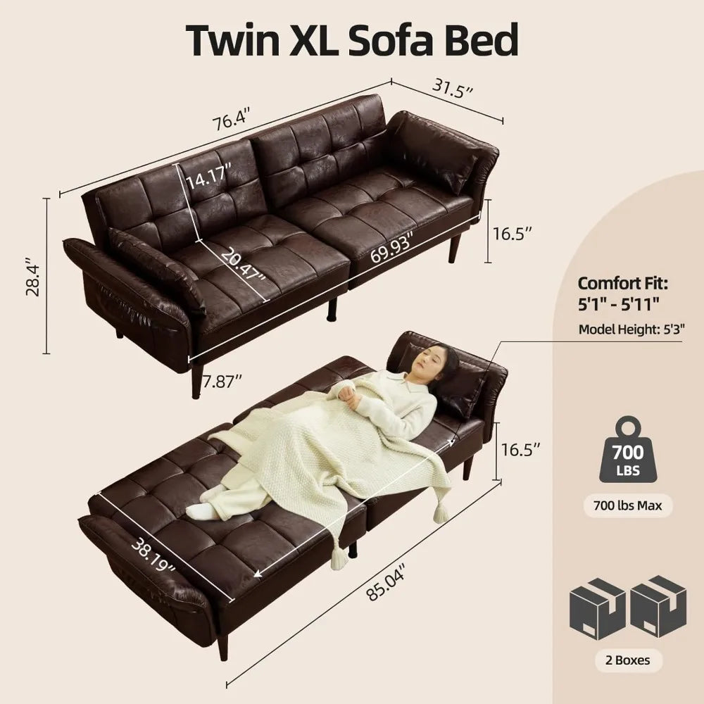 85” Futon Sofa Bed, Sleeper Sofa, Small Couch with Storage Adjustable Armrests Pillows 5 colors available