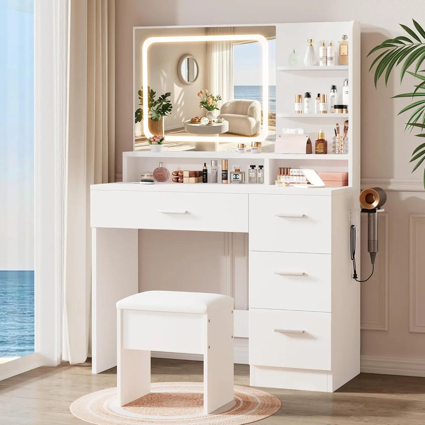 Makeup Vanity  35.4'Wx15.7'Dx53.9'H (Smart LED Mirror, Open Shelves, with Cushion Stool, 4 Drawers, Hairdryer Rack,
