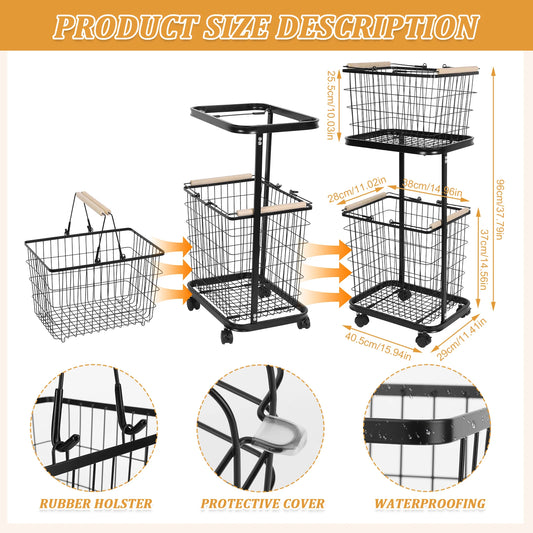 2 Tier Rolling Laundry Basket with Wheels Metal Storage Cart